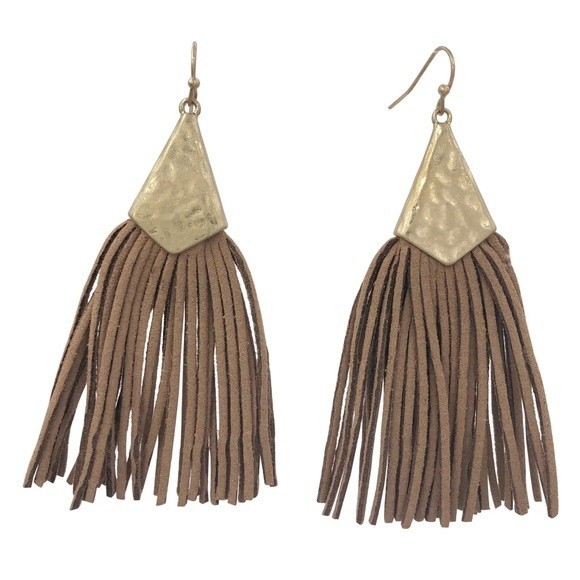 Long Vegan Leather Suede Brown Tassel Gold Dangle Earrings - Picture 1 of 3